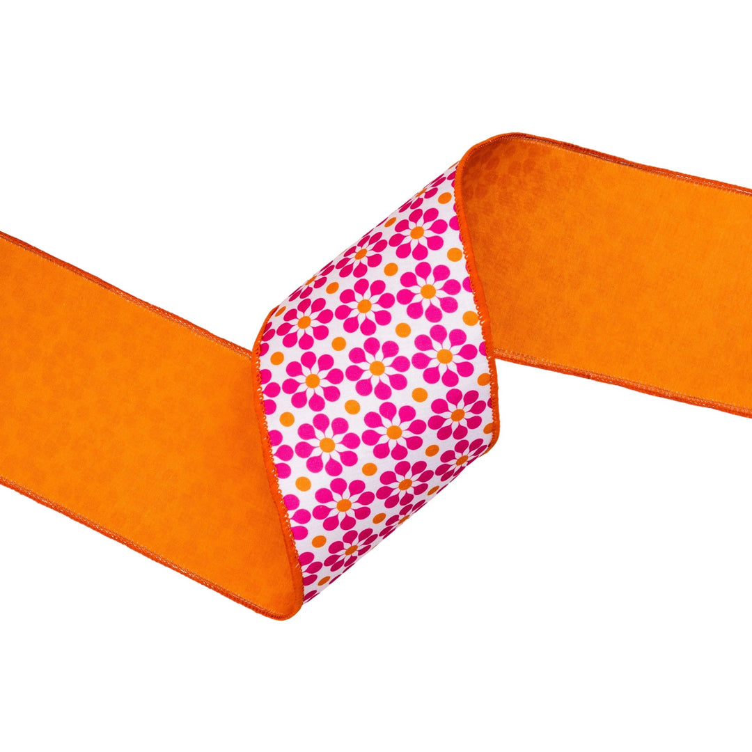 Pink & Orange Geometric Floral With Orange Backing Dupioni Wired Ribbon - 4" - Greenery MarketWired Ribbon9396W-005-100E