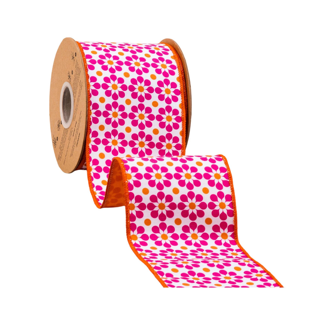 Pink & Orange Geometric Floral With Orange Backing Dupioni Wired Ribbon - 4" - Greenery MarketWired Ribbon9396W-005-100E