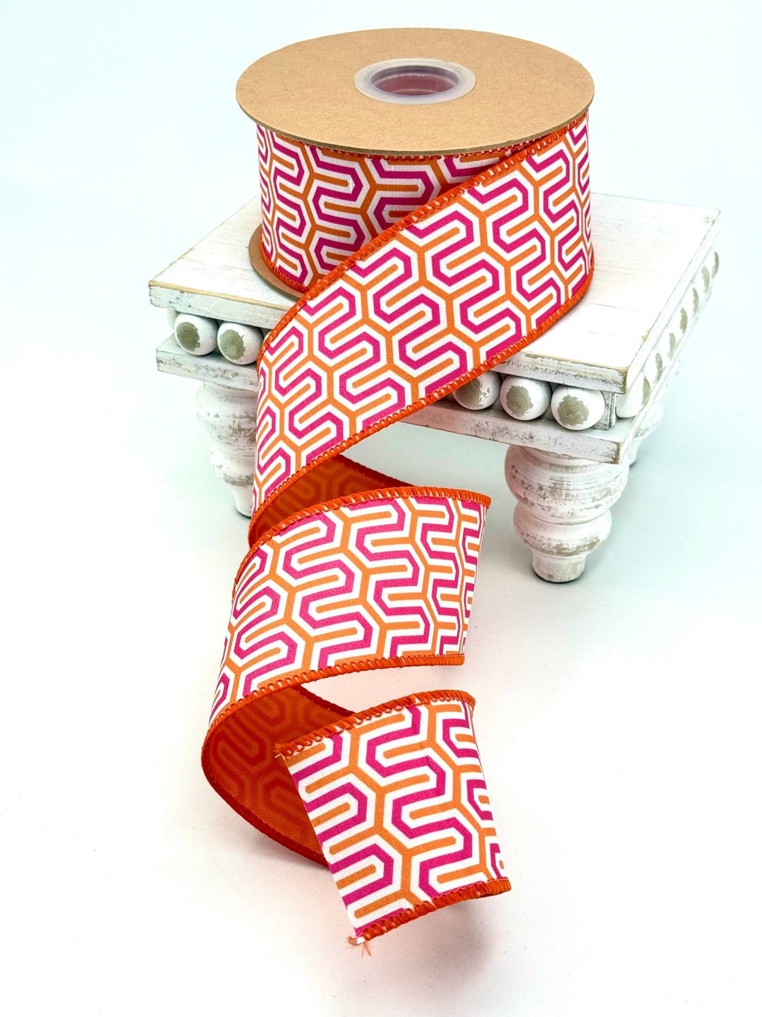 Pink, Orange, & White Geometric With Orange Backing Dupioni Wired Ribbon - 2.5" - Greenery MarketWired Ribbon9398W-005-63E