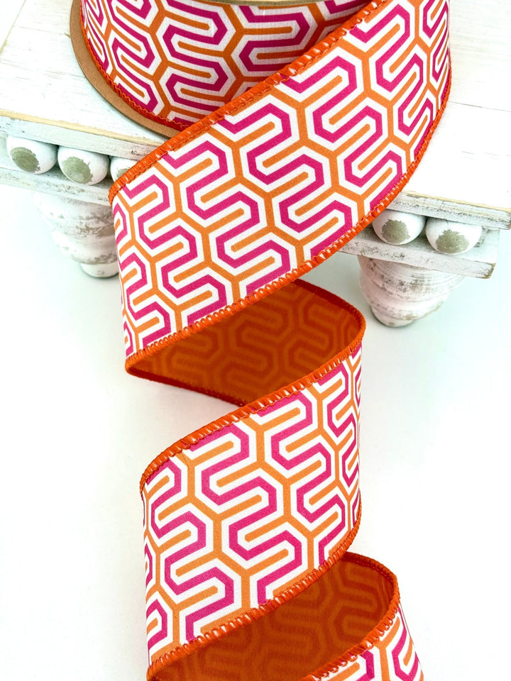 Pink, Orange, & White Geometric With Orange Backing Dupioni Wired Ribbon - 2.5" - Greenery MarketWired Ribbon9398W-005-63E