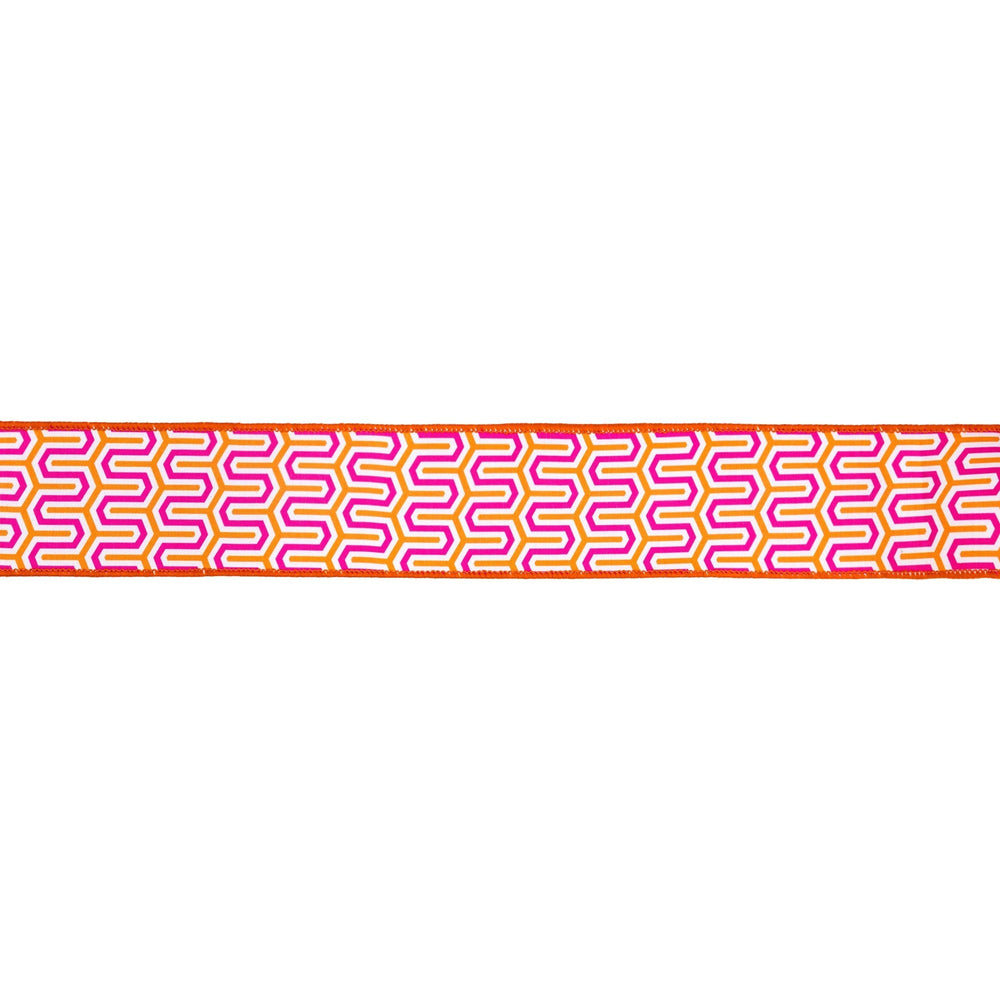 Pink, Orange, & White Geometric With Orange Backing Dupioni Wired Ribbon - 2.5" - Greenery MarketWired Ribbon9398W-005-63E