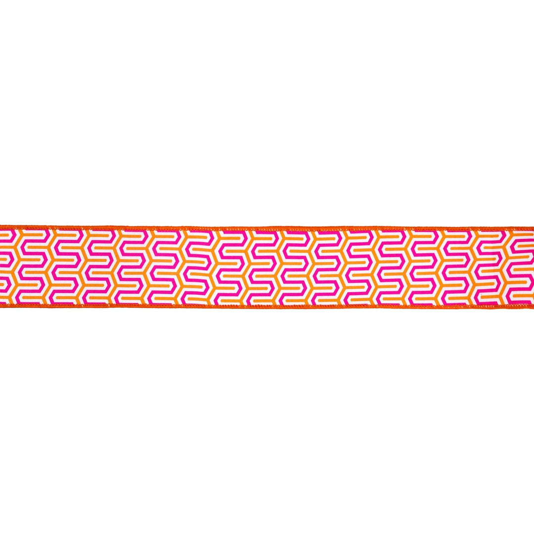Pink, Orange, & White Geometric With Orange Backing Dupioni Wired Ribbon - 2.5" - Greenery MarketWired Ribbon9398W-005-63E