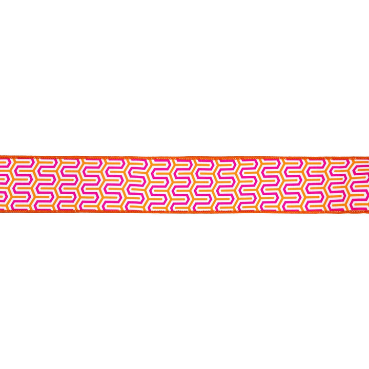 Pink, Orange, & White Geometric With Orange Backing Dupioni Wired Ribbon - 2.5" - Greenery MarketWired Ribbon9398W-005-63E