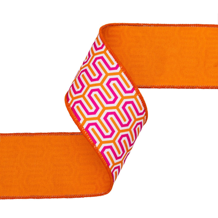 Pink, Orange, & White Geometric With Orange Backing Dupioni Wired Ribbon - 2.5" - Greenery MarketWired Ribbon9398W-005-63E