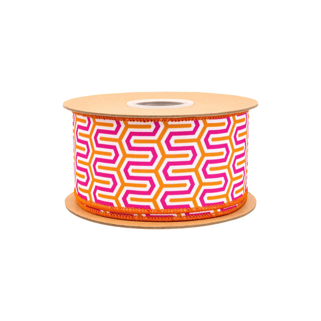 Pink, Orange, & White Geometric With Orange Backing Dupioni Wired Ribbon - 2.5" - Greenery MarketWired Ribbon9398W-005-63E