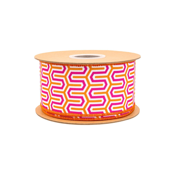 Pink, Orange, & White Geometric With Orange Backing Dupioni Wired Ribbon - 2.5" - Greenery MarketWired Ribbon9398W-005-63E