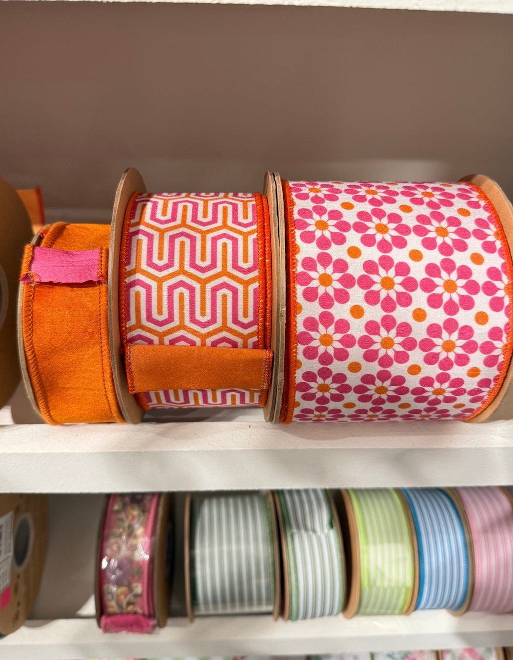Pink, Orange, & White Geometric With Orange Backing Dupioni Wired Ribbon - 2.5" - Greenery MarketWired Ribbon9398W-005-63E
