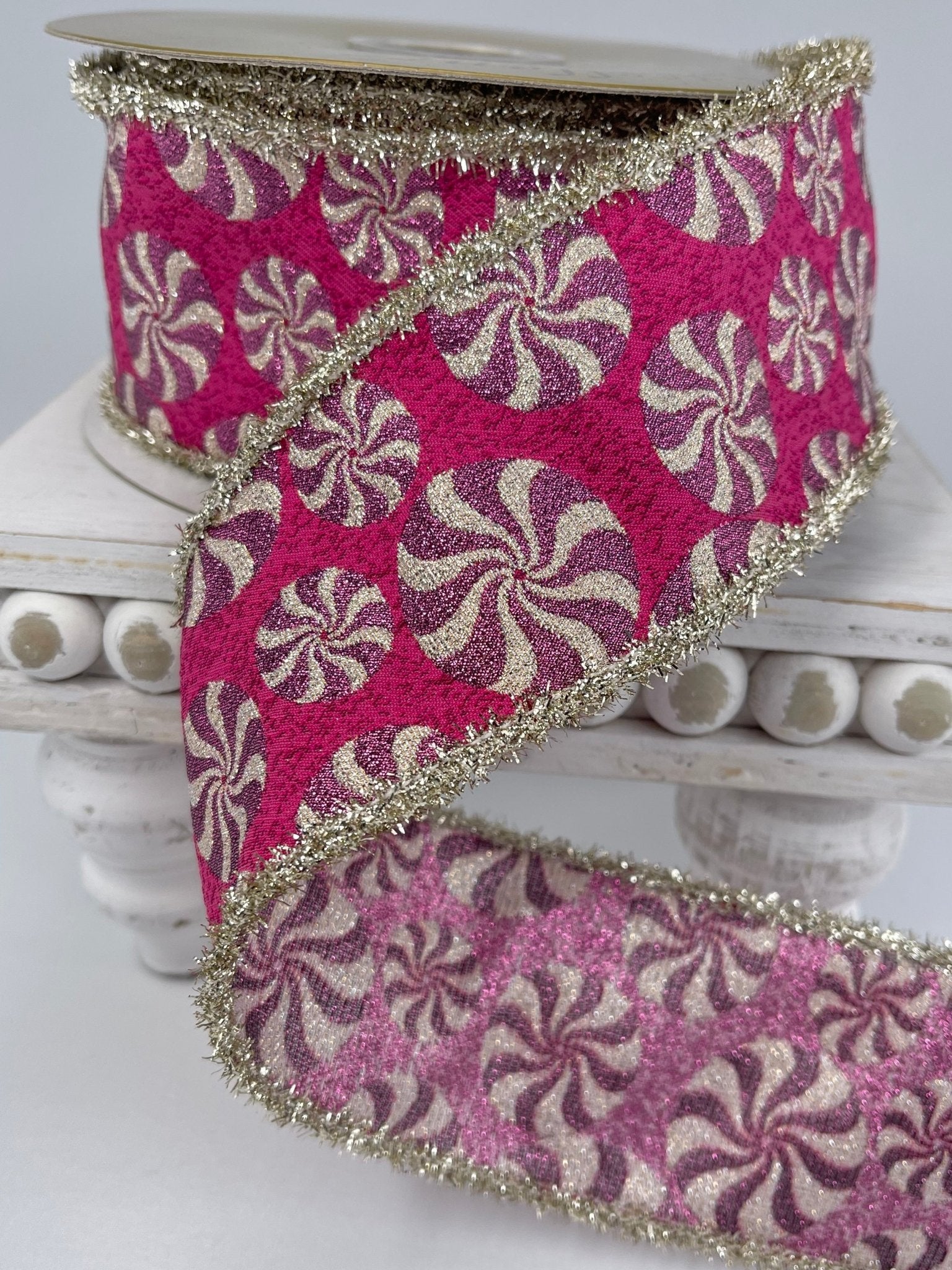 Pink peppermint candy wired ribbon , 2.5