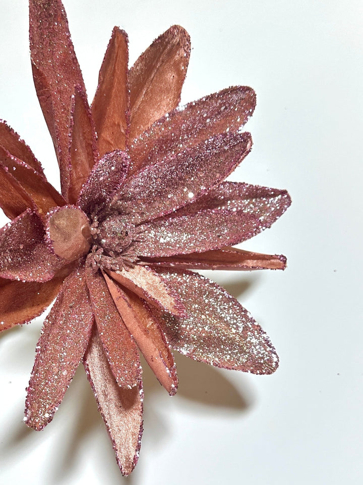 Pink salmon glitter and velvet poinsettia stem - Greenery MarketGF2712PK