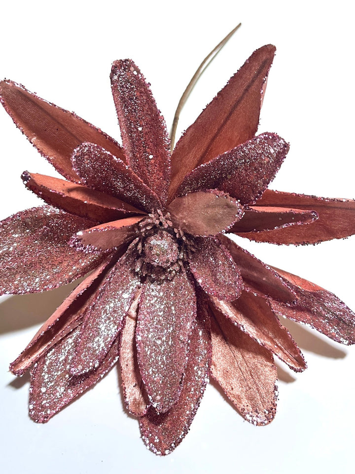 Pink salmon glitter and velvet poinsettia stem - Greenery MarketGF2712PK