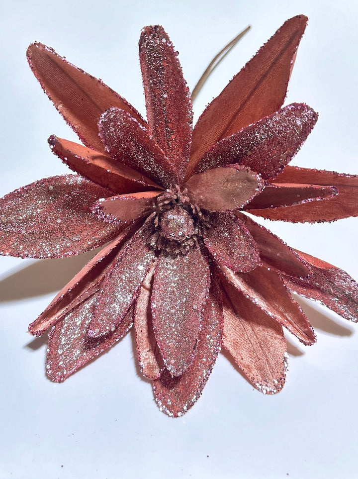 Pink salmon glitter and velvet poinsettia stem - Greenery MarketGF2712PK