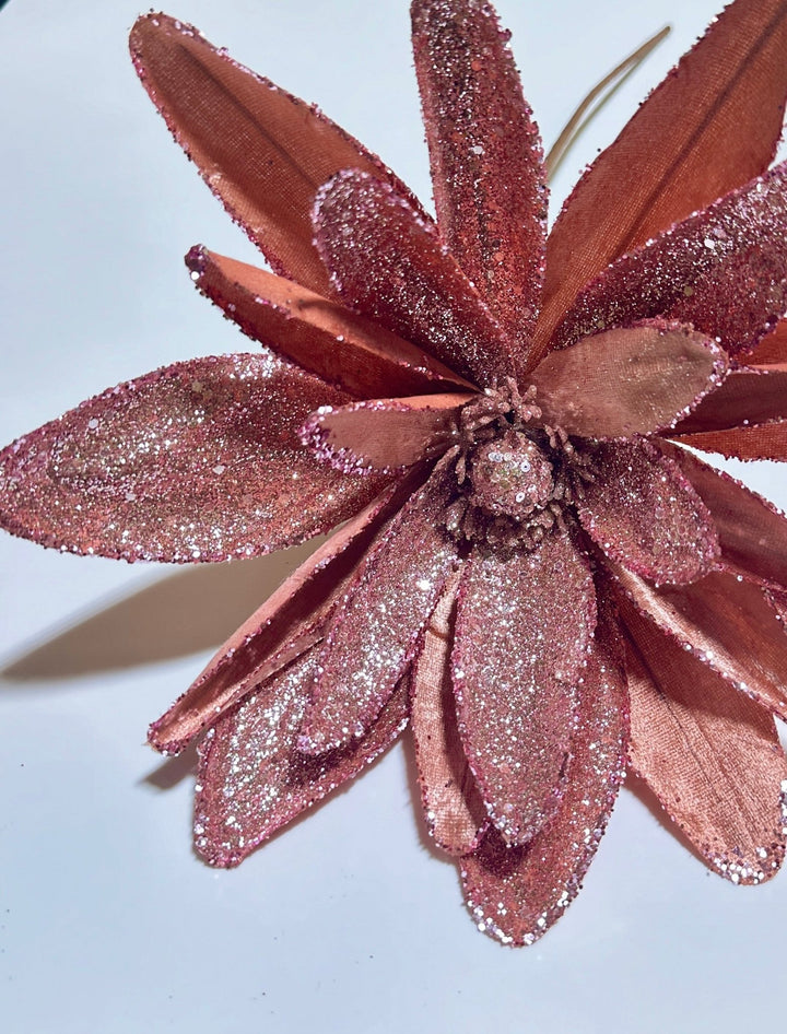 Pink salmon glitter and velvet poinsettia stem - Greenery MarketGF2712PK