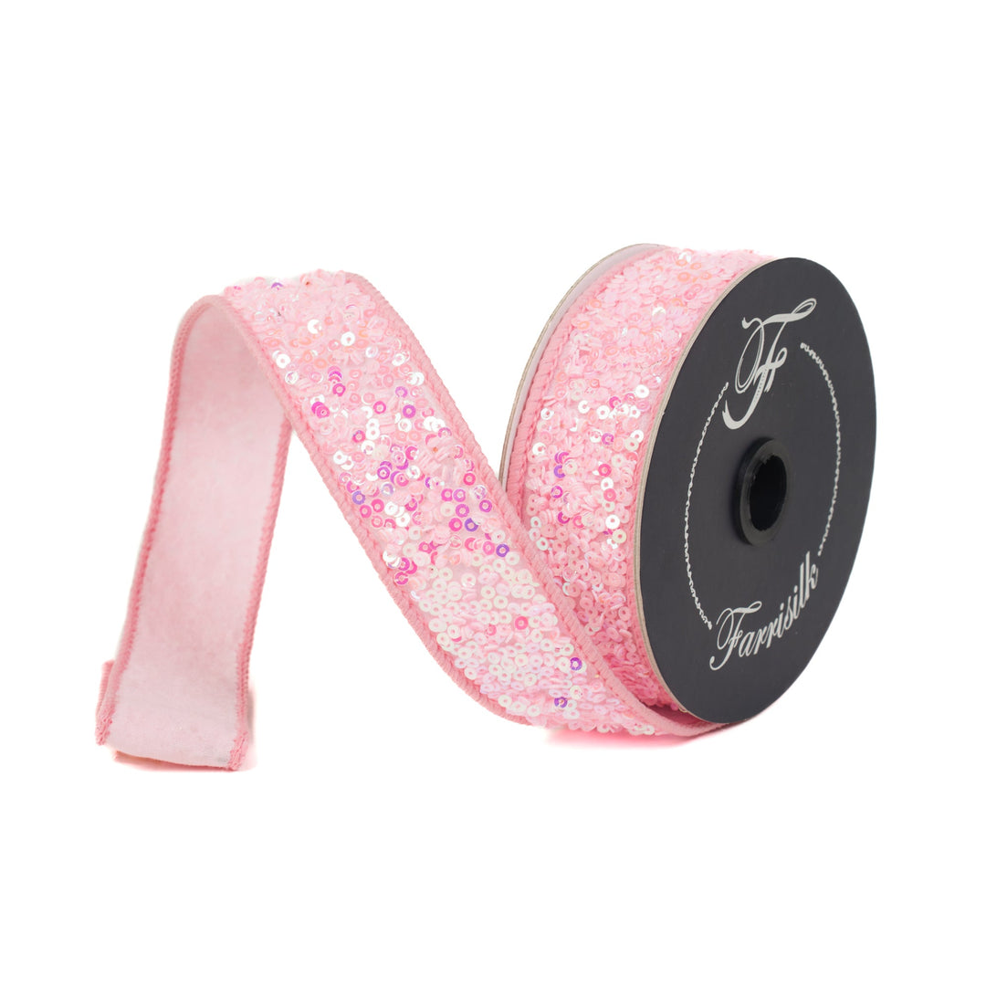 Pink Sequins Sparkles Light Farrisilk Wired Ribbon - 1" - Greenery MarketRibbons & TrimRK798-14