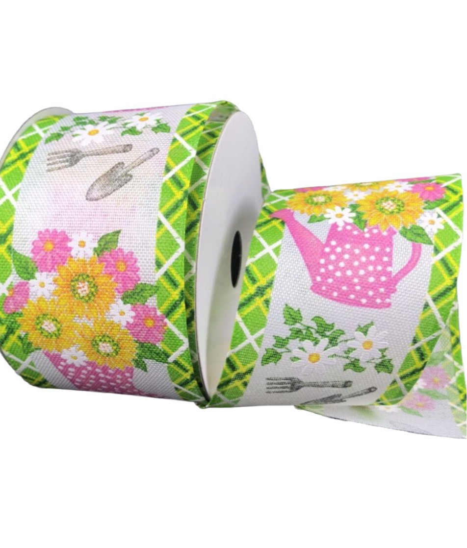 Pink Sunflower ribbon with polka dot watering can 2.5” - Greenery MarketWired ribbon45212 - 40 - 03