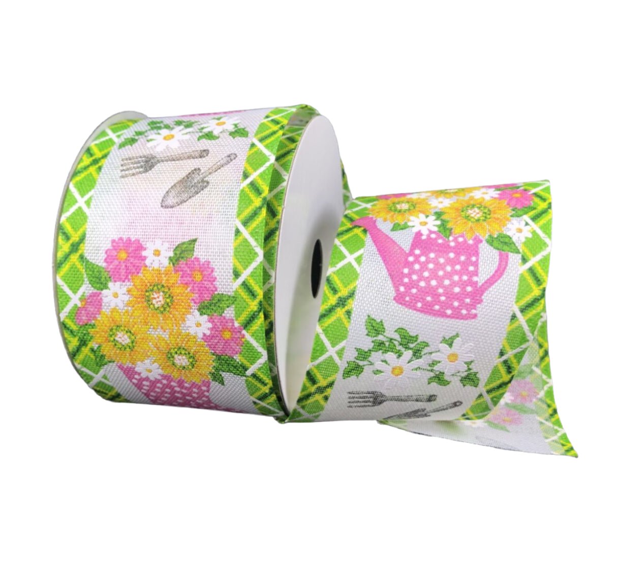 Pink Sunflower ribbon with polka dot watering can 2.5” - Greenery MarketWired ribbon45212-40-03