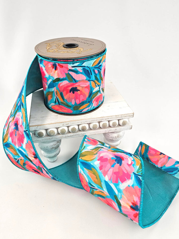 Pink, Teal, & Golden Yellow Hand Drawn Abstract Flowers Dupion Wired Ribbon - 4" - Greenery MarketWired ribbon05-1552