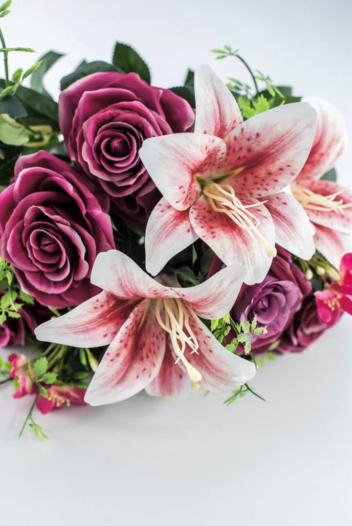 Pink Tiger Lily And Rose Flower Bush - Greenery MarketArtificial Flora85020-FU