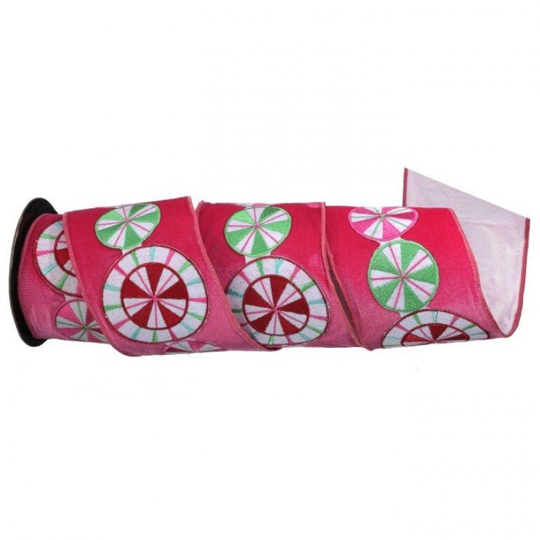 pink velvet with embroidered peppermints wired ribbon 4” - Greenery MarketMTX74591 HTPK