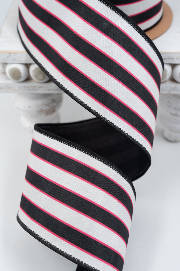 Pink, White, & Black Stripe with Black Backing Wired Dupioni Ribbon - 2.5" - Greenery MarketWired Ribbon9338W-037-63E