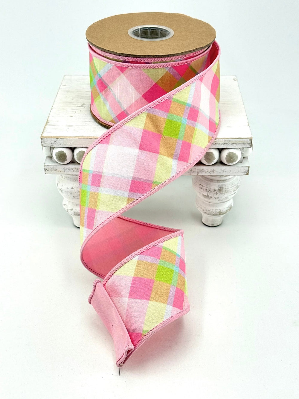 Pink & White Plaid Bias Wired Dupioni Ribbon - 2.5" - Greenery MarketWired Ribbon9003W-150-63E