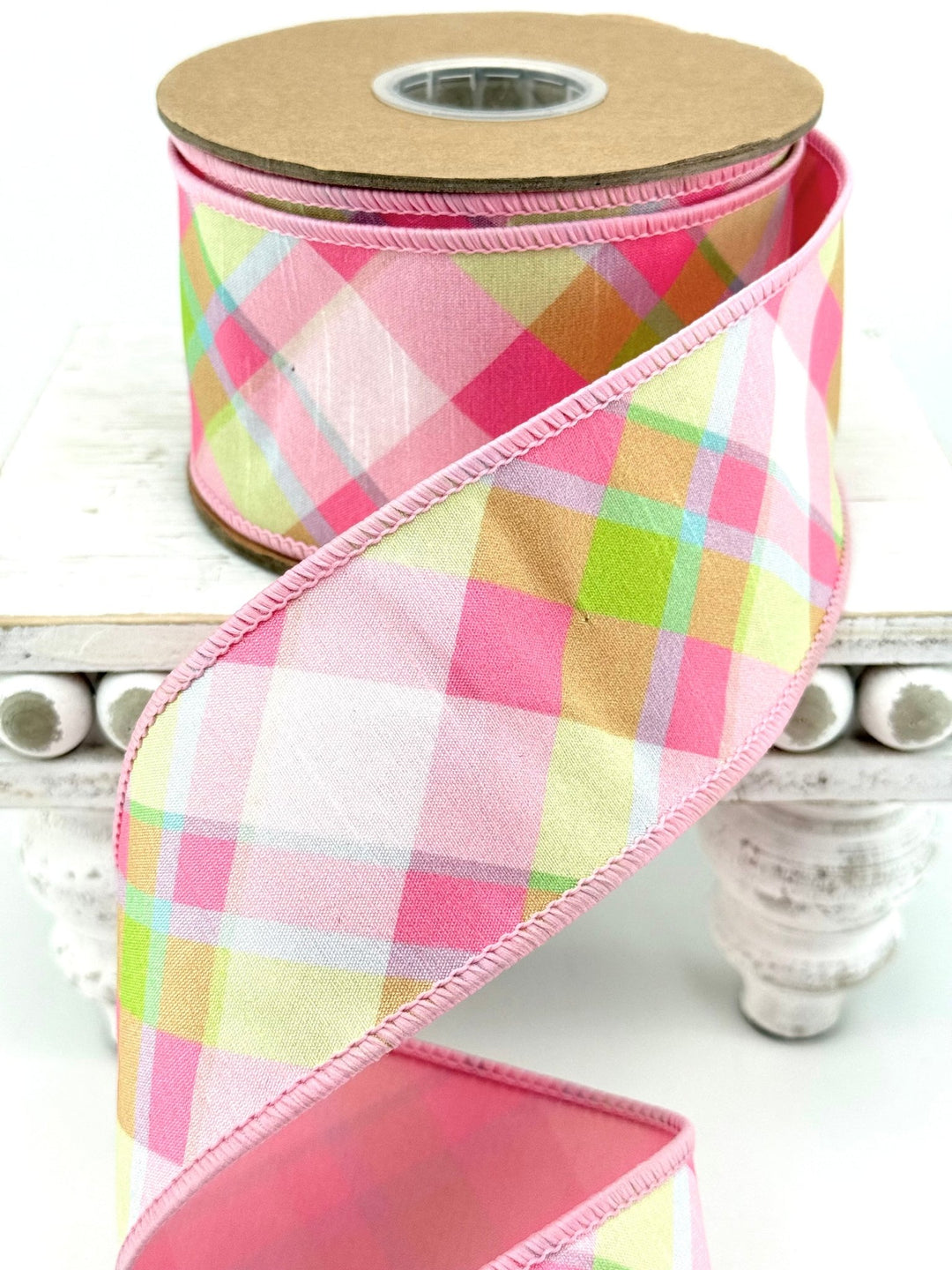 Pink & White Plaid Bias Wired Dupioni Ribbon - 2.5" - Greenery MarketWired Ribbon9003W-150-63E