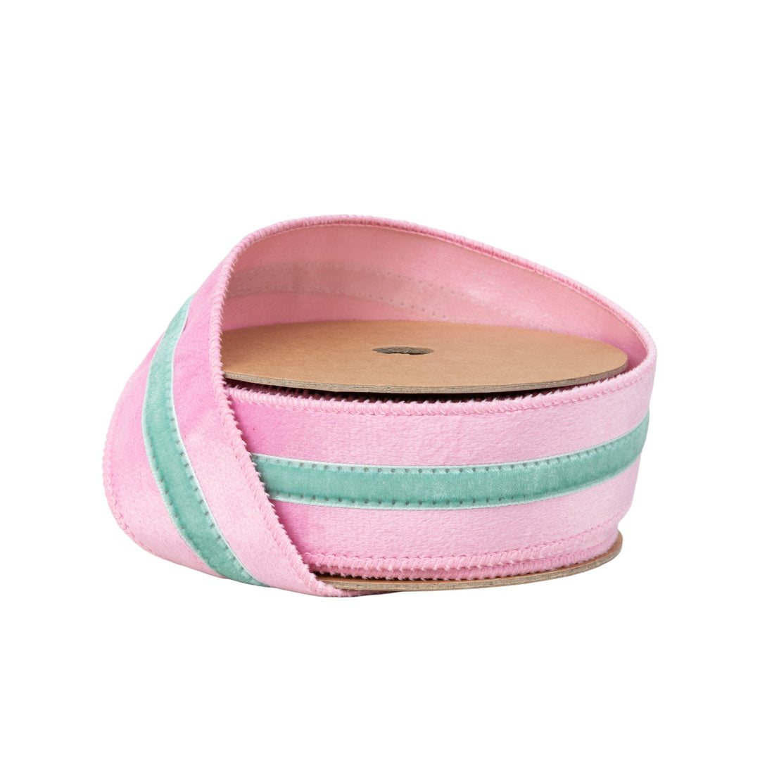 Pink With Blue Trim Wired Velvet Ribbon - 1.5" - Greenery MarketWired Ribbon7019W-150-38E