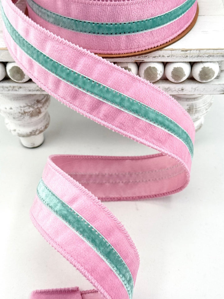 Pink With Blue Trim Wired Velvet Ribbon - 1.5" - Greenery MarketWired Ribbon7019W-150-38E