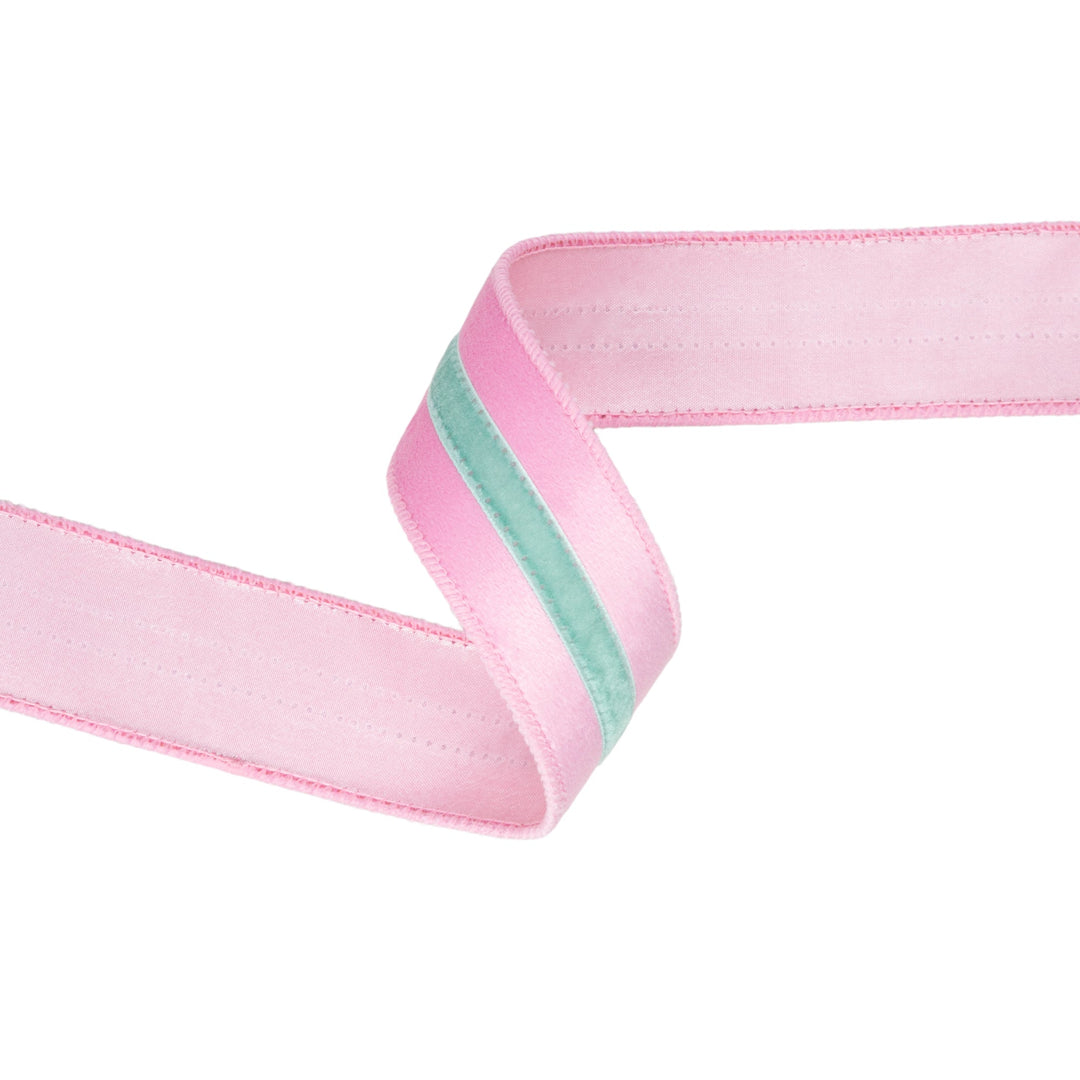 Pink With Blue Trim Wired Velvet Ribbon - 1.5" - Greenery MarketWired Ribbon7019W-150-38E