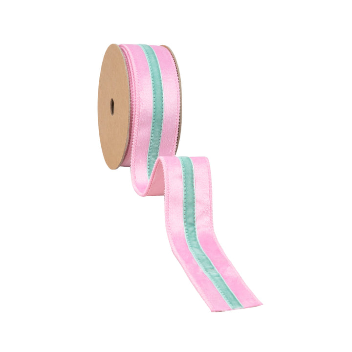 Pink With Blue Trim Wired Velvet Ribbon - 1.5" - Greenery MarketWired Ribbon7019W-150-38E