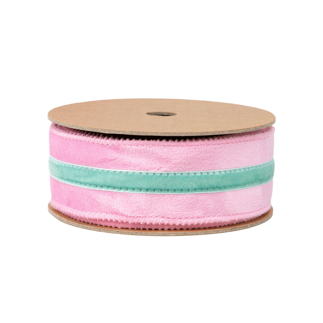 Pink With Blue Trim Wired Velvet Ribbon - 1.5" - Greenery MarketWired Ribbon7019W-150-38E