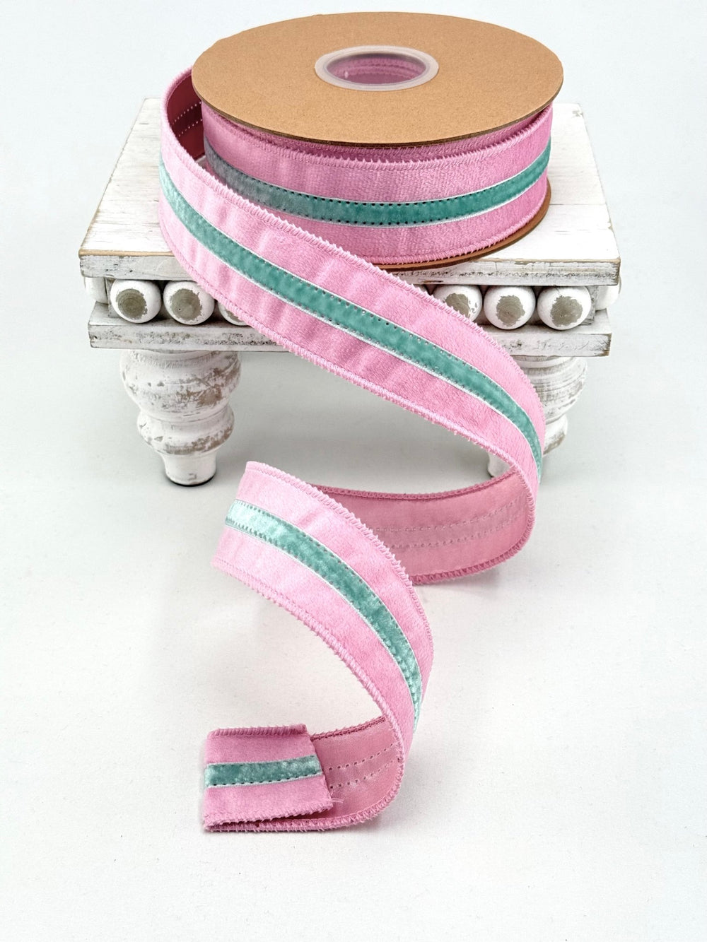 Pink With Blue Trim Wired Velvet Ribbon - 1.5" - Greenery MarketWired Ribbon7019W-150-38E