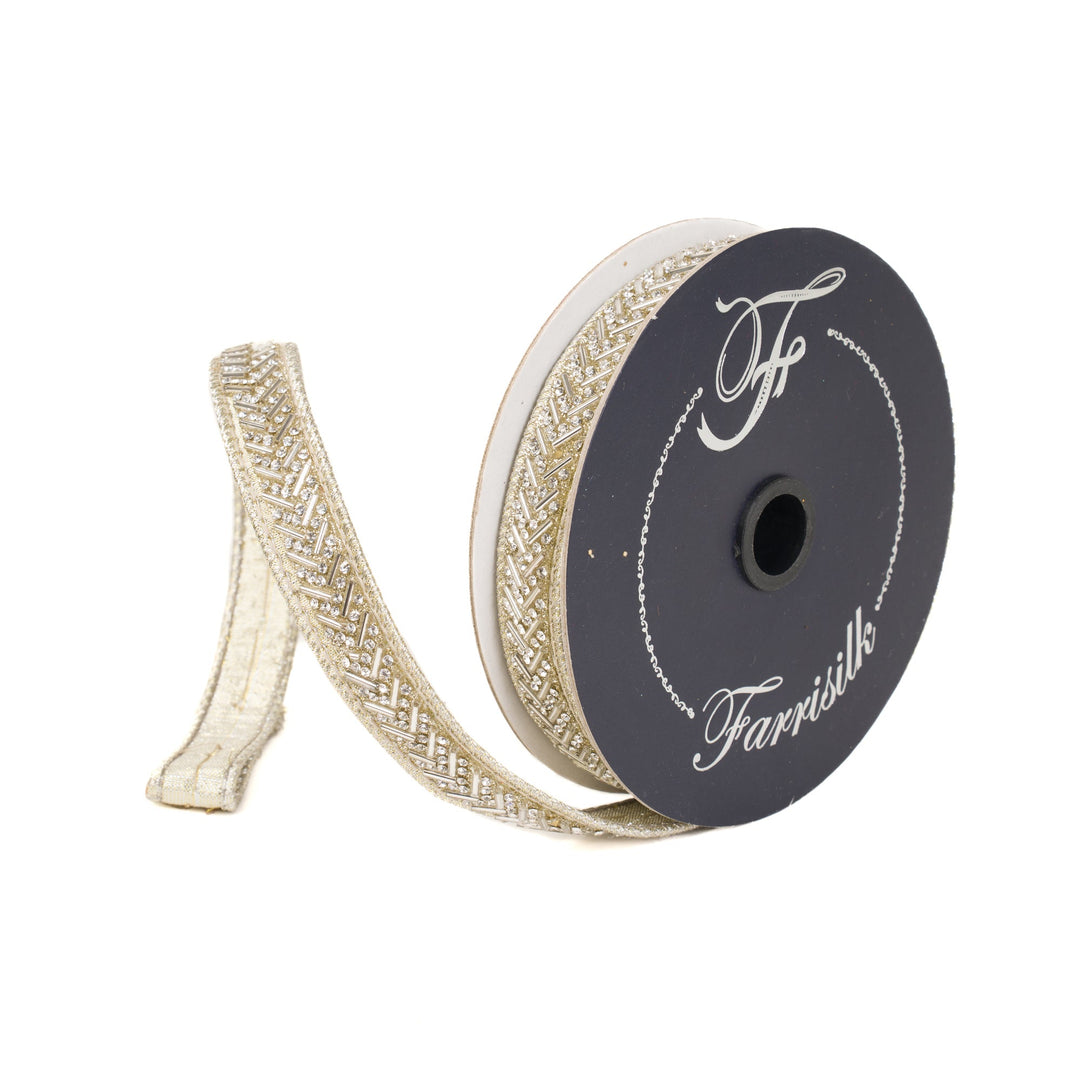 Platinum Chevron Crystal Trim Farrisilk Wired Ribbon - .75" - Greenery MarketRK812 - 51