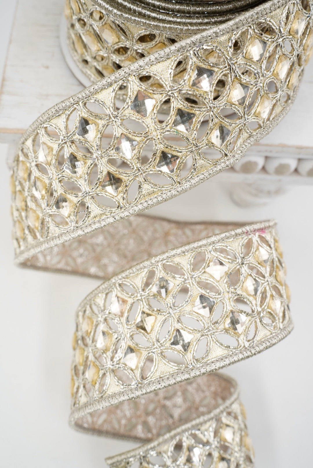 Platinum Diamond Lace Farrisilk Wired Ribbon - 2" - Greenery MarketRG040-51