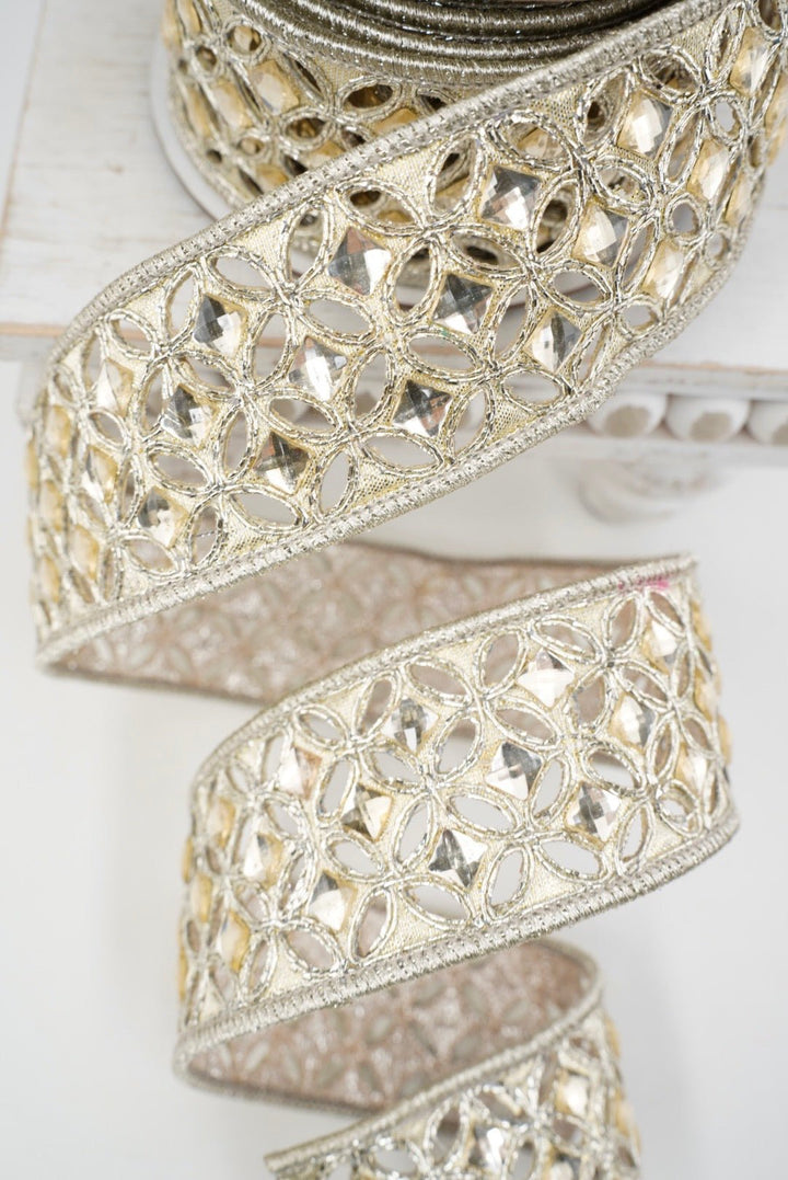 Platinum Diamond Lace Farrisilk Wired Ribbon - 2" - Greenery MarketRG040-51