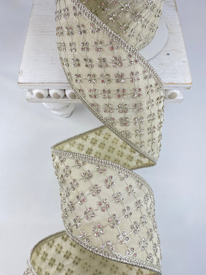 Platinum Lattice Diamonds Farrisilk Wired Ribbon - 3" - Greenery MarketRK796 - 51