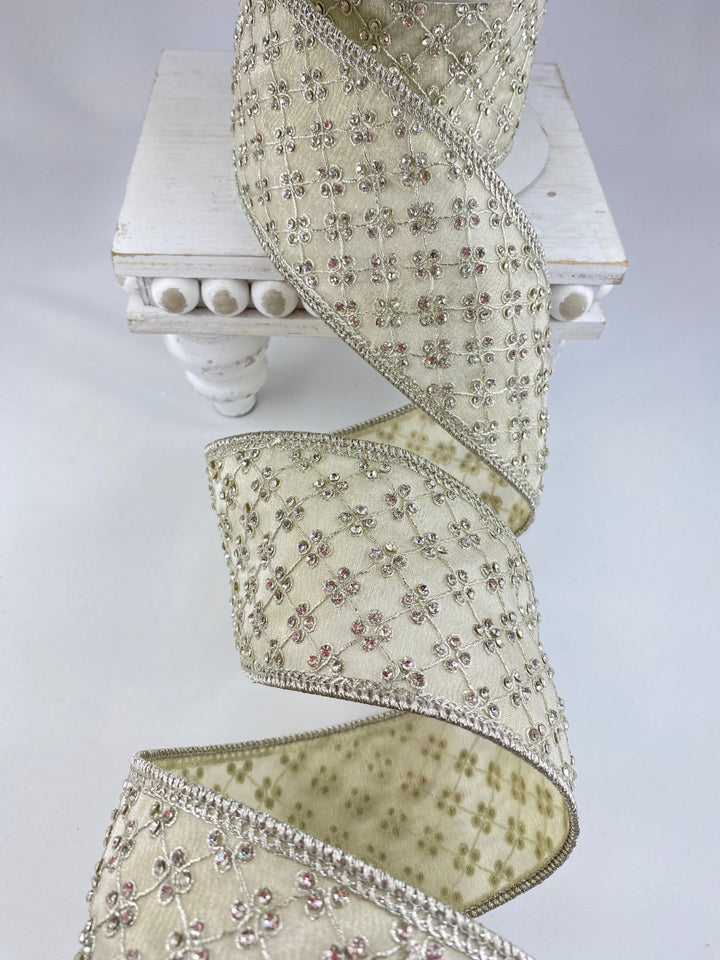 Platinum Lattice Diamonds Farrisilk Wired Ribbon - 3" - Greenery MarketRK796 - 51