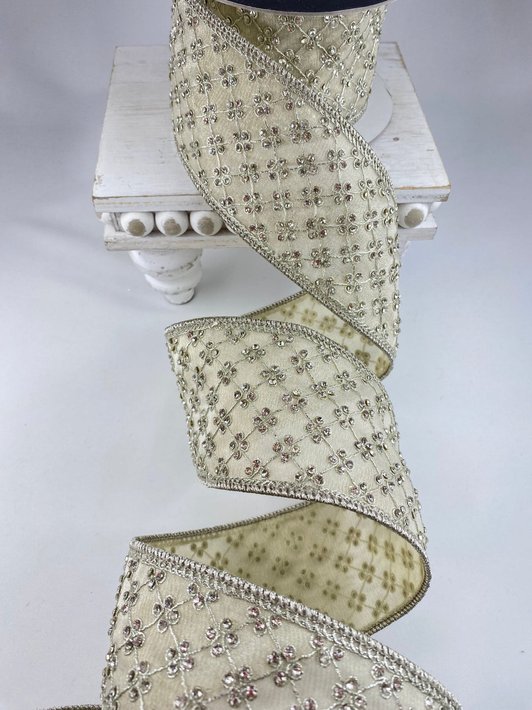 Platinum Lattice Diamonds Farrisilk Wired Ribbon - 3" - Greenery MarketRK796 - 51