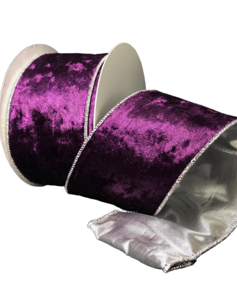 Plum crushed velvet with silver wired ribbon, 2.5