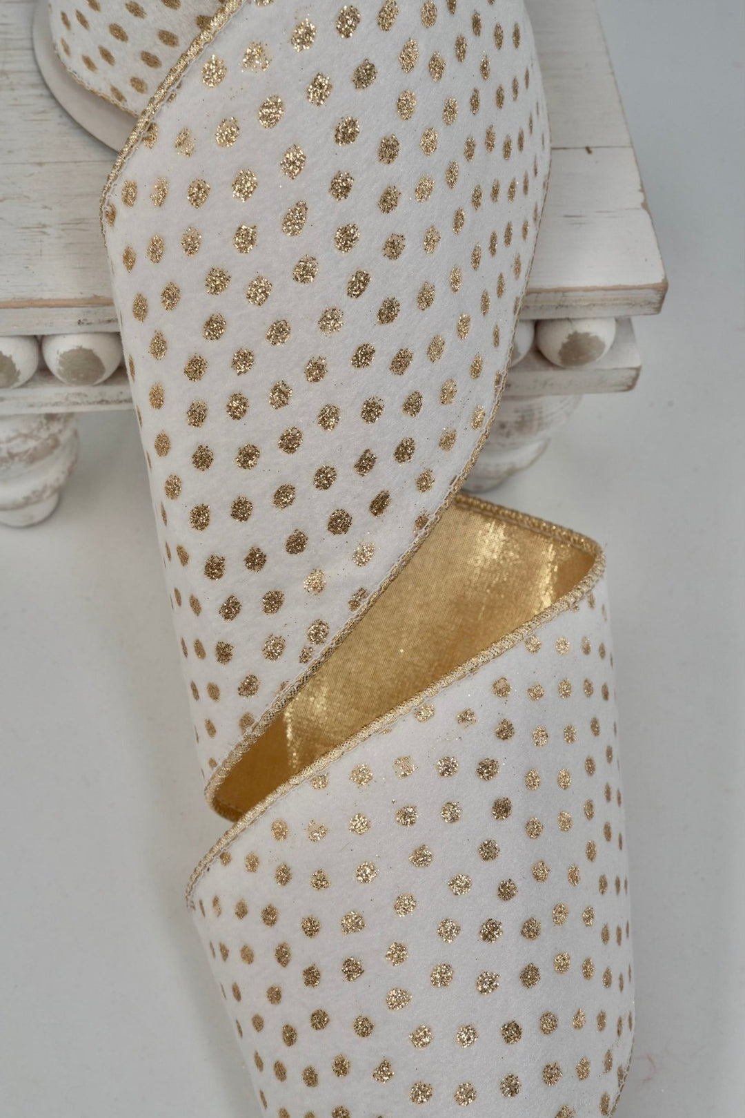 Polka Dot Print Gold Elegant Velvet Wired Ribbon - 4" - Greenery Market12789GO