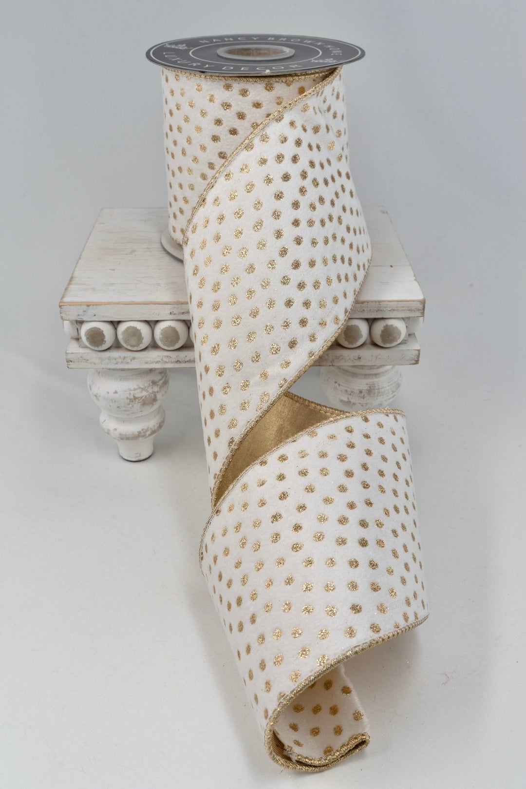 Polka Dot Print Gold Elegant Velvet Wired Ribbon - 4" - Greenery Market12789GO