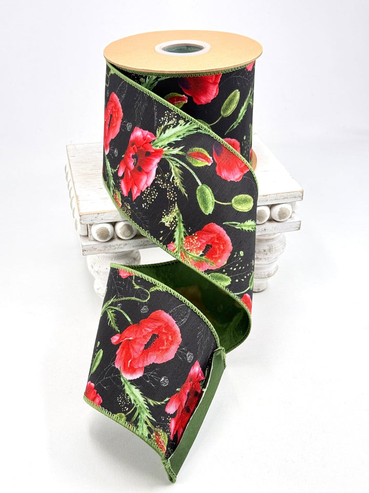 Poppies On Black with Green Backing Wired Dupioni Ribbon - 4" - Greenery MarketWired Ribbon9337W-030-100E