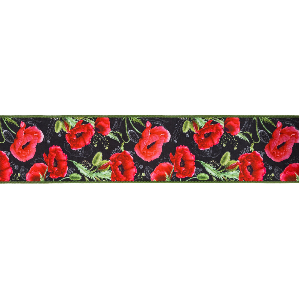 Poppies On Black with Green Backing Wired Dupioni Ribbon - 4" - Greenery MarketWired Ribbon9337W-030-100E