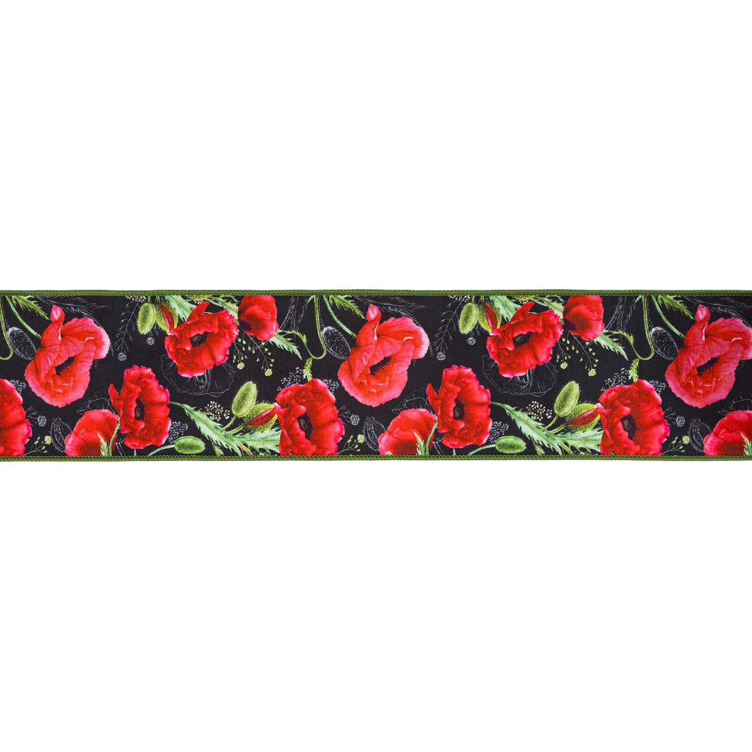 Poppies On Black with Green Backing Wired Dupioni Ribbon - 4" - Greenery MarketWired Ribbon9337W-030-100E
