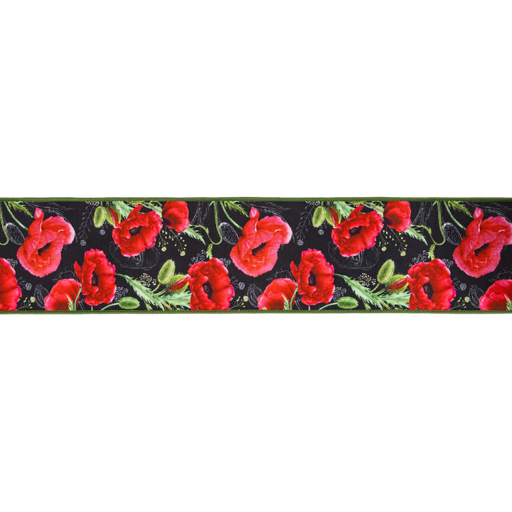 Poppies On Black with Green Backing Wired Dupioni Ribbon - 4" - Greenery MarketWired Ribbon9337W-030-100E