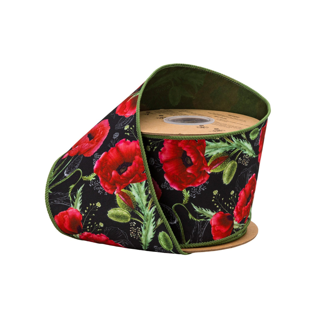 Poppies On Black with Green Backing Wired Dupioni Ribbon - 4" - Greenery MarketWired Ribbon9337W-030-100E