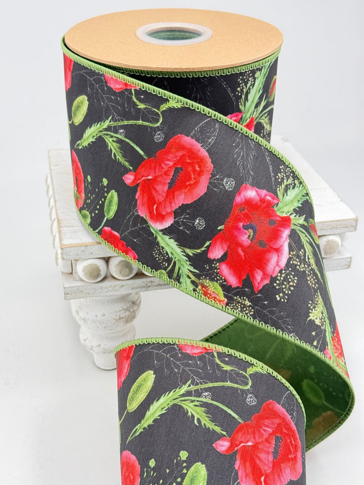 Poppies On Black with Green Backing Wired Dupioni Ribbon - 4" - Greenery MarketWired Ribbon9337W-030-100E
