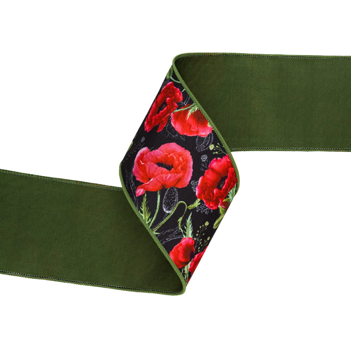 Poppies On Black with Green Backing Wired Dupioni Ribbon - 4" - Greenery MarketWired Ribbon9337W-030-100E