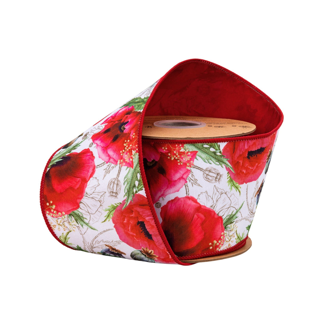 Poppies On White with Red Backing Wired Dupioni Ribbon - 4" - Greenery MarketWired Ribbon9336W-250-100E