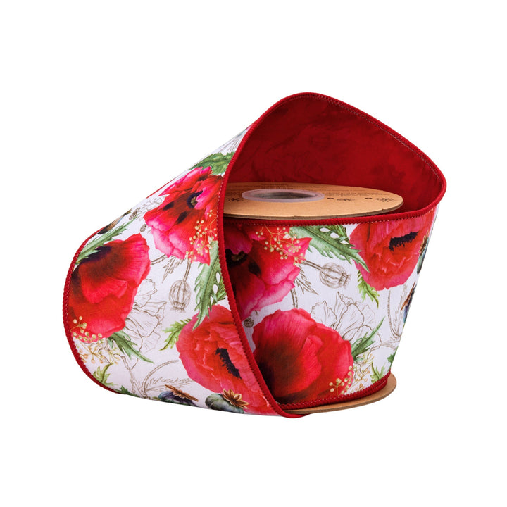 Poppies On White with Red Backing Wired Dupioni Ribbon - 4" - Greenery MarketWired Ribbon9336W-250-100E