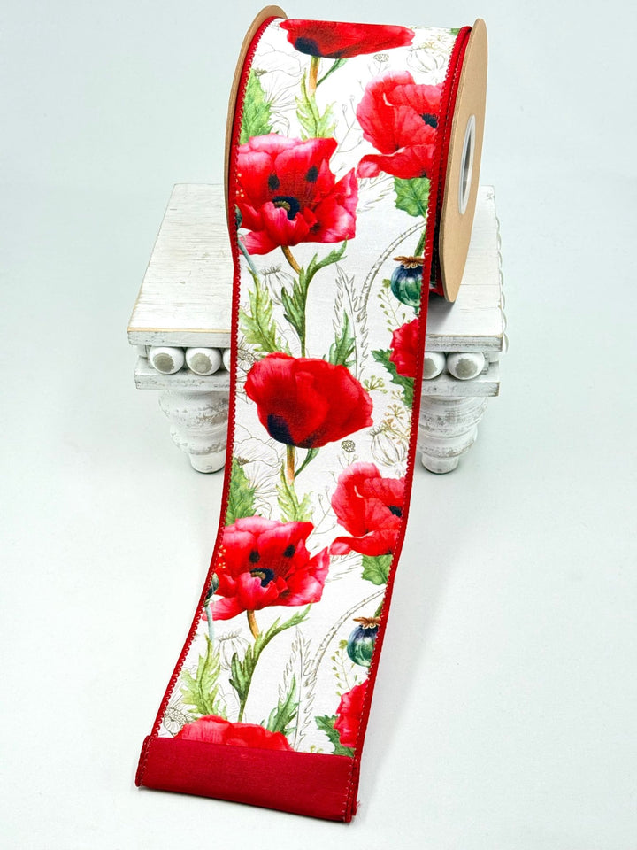Poppies On White with Red Backing Wired Dupioni Ribbon - 4" - Greenery MarketWired Ribbon9336W-250-100E